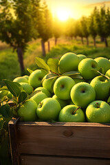 Green apples harvested in a wooden box in apple orchard with sunset. Natural organic fruit abundance. Agriculture, healthy and natural food concept. Vertical composition.