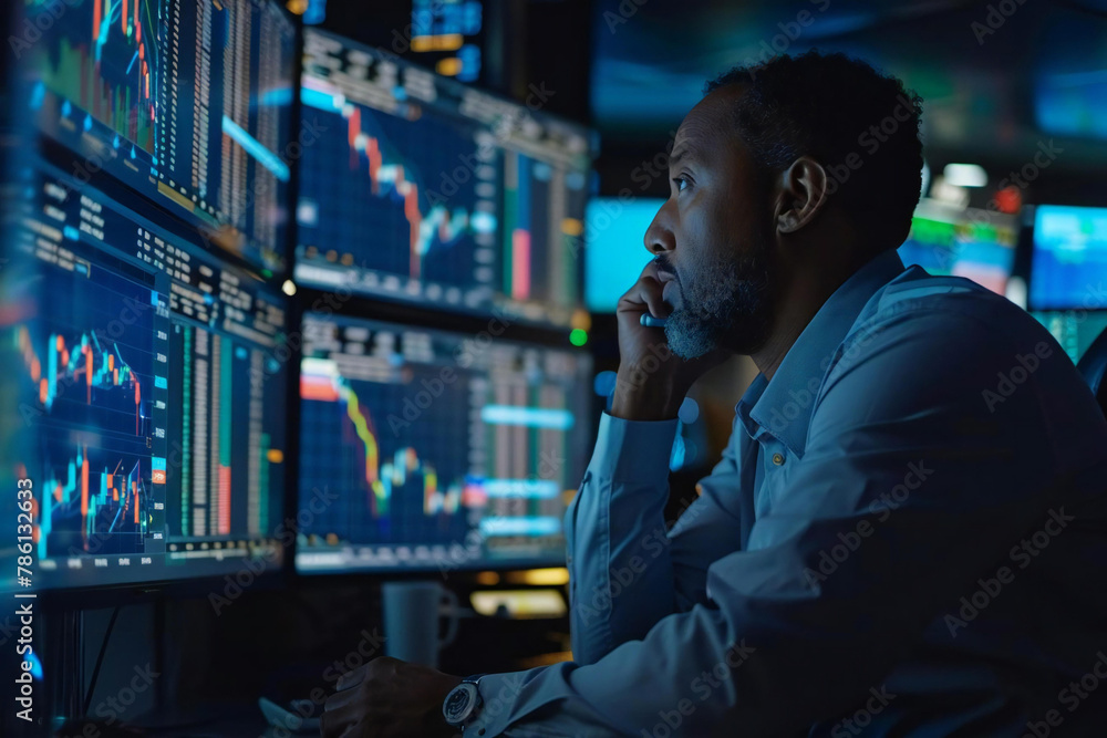 Poster businessman trader working on multiple computer screens stock photo