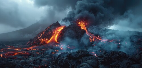  lava erupting from a volcano, with molten rock shooting into the air against a dark, ash-filled sky. 