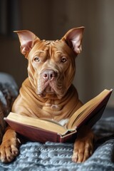 Dog Laying on Bed Reading Book