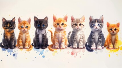 A cute cats sitting by row. Set of different cartoonish watercolor cats. Watercolor animal painting. Kids background. Hand drawn illustration. Painted backdrop. Cloth pattern. Cat, kitten, head.