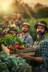 Group of farmers holding wooden boxes full of fresh vegetables standing in the field with sunset. Concept of healthy lifestyle, local farming and sustainability.