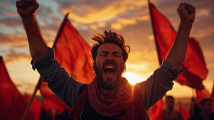 Euphoric Man Cheering with Red Flags at Sunset