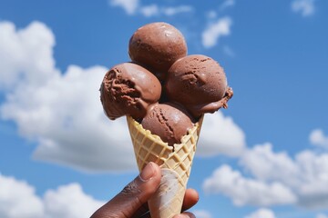 A chocolate ice cream cone in the hand of a dark-skinned man against a blue sky.