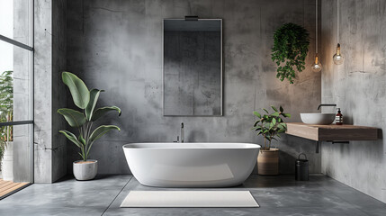 Contemporary bathroom with stylish bathtub, sleek sink, functional mirror, concrete elements,grey radiator, and industrial chic vibe.
