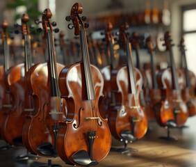 A group of violins on a store window, arranged in a row. Low angle view.