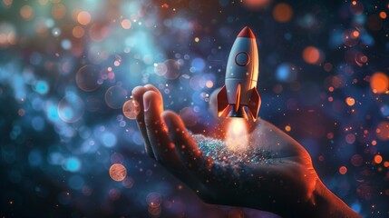Hand holding rocket on dark background with glowing particles and bokeh lights. The concept of innovative business startup, success.
