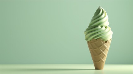 Full size soft green ice cream cone on green background with copy space
