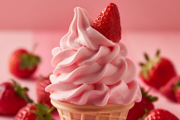 Close-up soft serve ice cream cone with strawberries and fresh berries on the background.