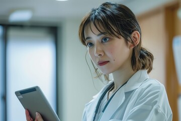 Asian female doctor wearing a white coat and with a tablet computer in hand talking to a patient in a clinic.