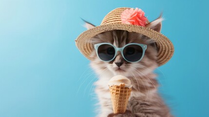 A cute tabby kitten in sunglasses and a hat holds an ice cream cone in his paws. Blue background.