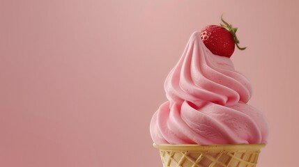 Close-up soft strawberries ice cream cone on pink background with copy space.