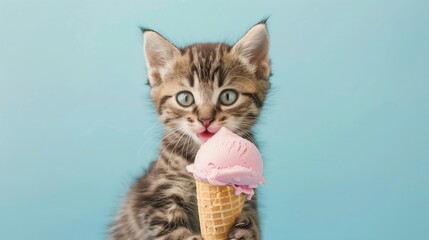A cute striped kitten holds an ice cream cone in his paws. Blue background.