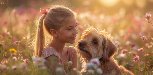 Cute blonde girl child with long hair and dog in a meadow with flowers on a summer evening or morning.