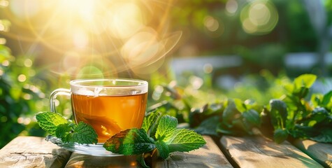Glass cup of tea with fresh mint leaves on a wooden table, with a blurred garden background and sunlight.