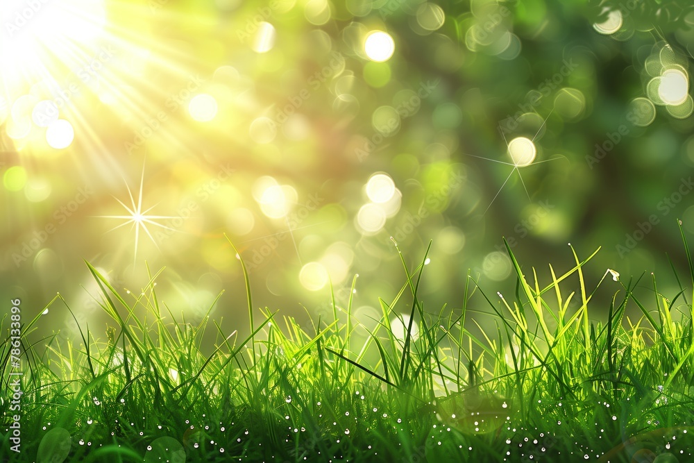 Aufkleber summer background with green grass with drops of dew and sun rays, bokeh. blurred background. copy s