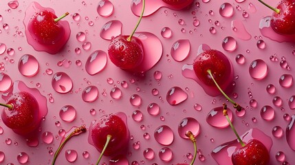 Fresh red cherries on a pink background with water drops, closeup. Top view.