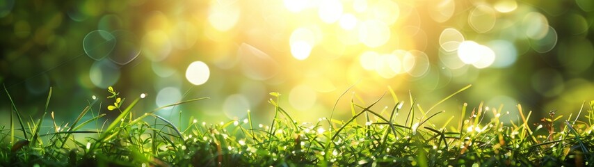 Summer background with green grass with drops of dew and sunshine. Blurred background. Banner.