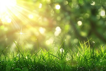 Summer background with green grass with drops of dew and sun rays, bokeh. Blurred background. Copy space.