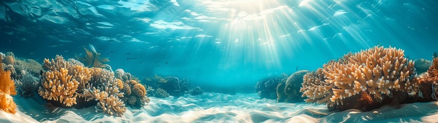 The underwater world in clear azure water, with sunlight penetrating under the water.