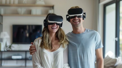 A young couple in VR glasses stands hugging in the room. Front view.