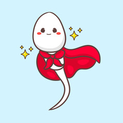 Cute hero sperm with red cloak cartoon character. Health concept design. Vector art illustration