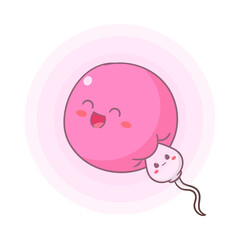 Cute sperm enters the egg cell cartoon character. Health concept design. Vector art illustration