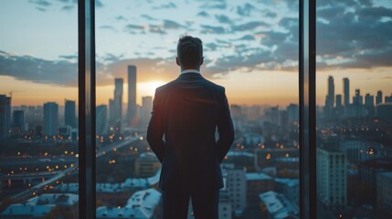 Fototapeta na wymiar Man Standing by Window, Looking at Cityscape