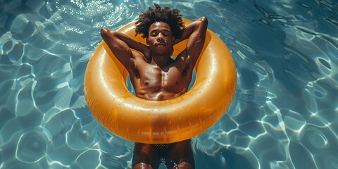 A young guy enjoys summer holidays in an inflatable ring in a pool under the sun. - obrazy, fototapety, plakaty