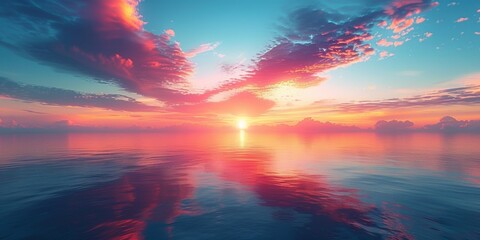 The picturesque sunset colors the sky over the calm ocean with vibrant shades of orange, red and purple, creating a scene of magical beauty. - obrazy, fototapety, plakaty