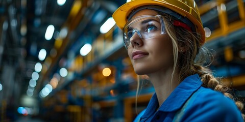 Portrait of a young woman wearing a hard hat, standing confidently in an industrial plant and supervising operations, focusing on safety and efficiency.