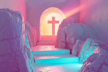 A cross is seen through a small opening in a rock wall - obrazy, fototapety, plakaty