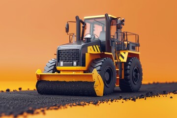 A yellow and black construction vehicle with a large orange blade