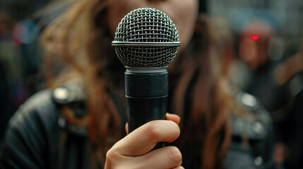 Close-Up of a Microphone Held by a Protest Speaker - obrazy, fototapety, plakaty