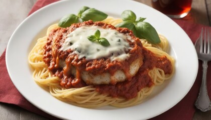 Veal Parmigiana with spaghetti in tomato sauce