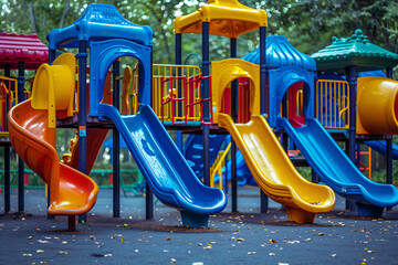 colorful playground yard with slides in the park