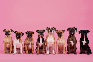 group of dogs sitting in line on pink background with copy space