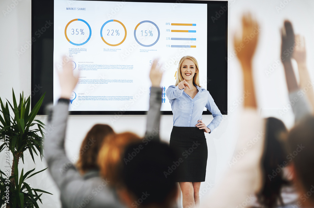 Poster Question, office and businesspeople with hand for meeting with presenting for employee with charts in boardroom. Staff, strategy and team with workshop for learning with training with conference