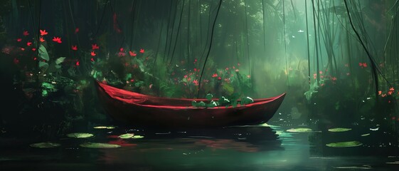 rowboat at waterlily pond serene tranquil green bamboo forest artful painting style illustration with grungy brush stroke texture, Generative Ai - obrazy, fototapety, plakaty