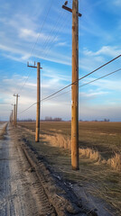 A row of telephone poles marches down a dirt road through a peaceful rural field