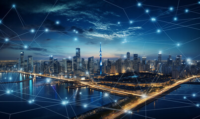 Fototapeta premium Smart City Blueprint: Digital Map Showcasing Futuristic Urban Connectivity Network Lines