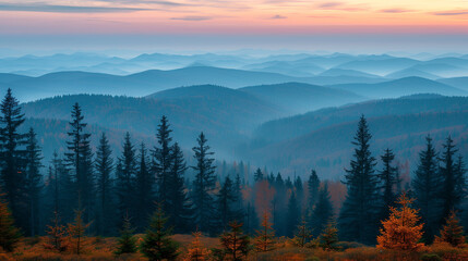 Landscape of layered blue mountains with foggy peaks, deciduous trees with brown leaves in the foreground, and a pink sky - Powered by Adobe