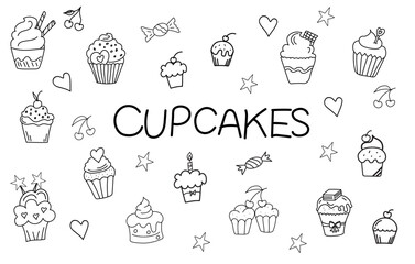 Big set of different doodle cupcake. Hand drawn elements. Sweets. Line art.