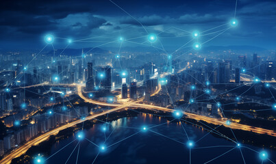 Fototapeta premium Smart City Blueprint: Digital Map Showcasing Futuristic Urban Connectivity Network Lines