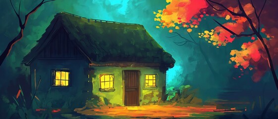 small hut at forest, artful painting style illustration with grungy brush stroke texture, Generative Ai - obrazy, fototapety, plakaty
