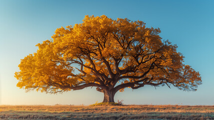 A lone yellow tree, ablaze with fall colors, stands out majestically against a vast