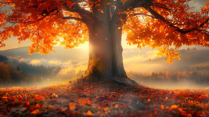A majestic red maple ablaze with fall colors stands silhouetted against a soft, dreamy sunrise