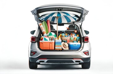 an open trunk car packed with summer vacation essentials