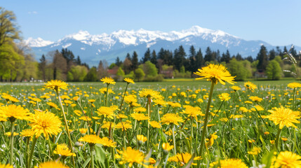 A vibrant sea of yellow wildflowers stretches towards a lush green forest