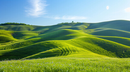 Obraz premium A carpet of vibrant wildflowers spills down a lush green hillside, stretching towards a clear blue sky